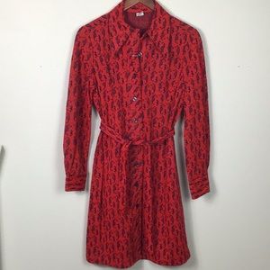 True 70’s vintage. Red shirt dress w/Navy Blue seahorse print butterfly collar